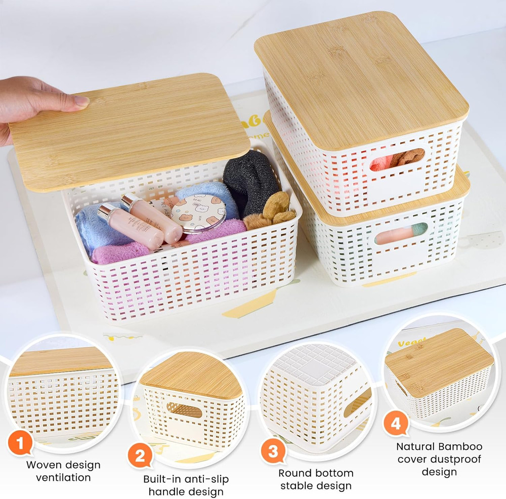 Plastic Storage Baskets with Bamboo Lid - Plastic Storage Containers Stackable S