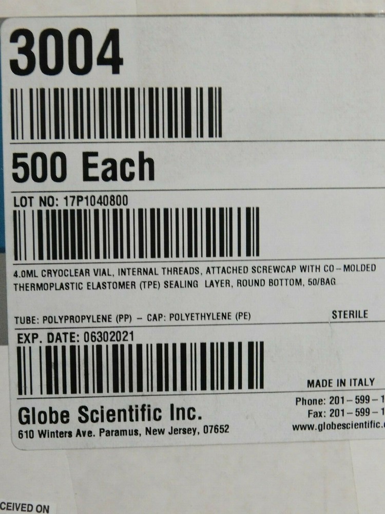 3400 GLOBE SCIETIFIC CRYOCLEAR BARCODED CRYOGENIC TUBES 4.0ML BAG/50 STERILE