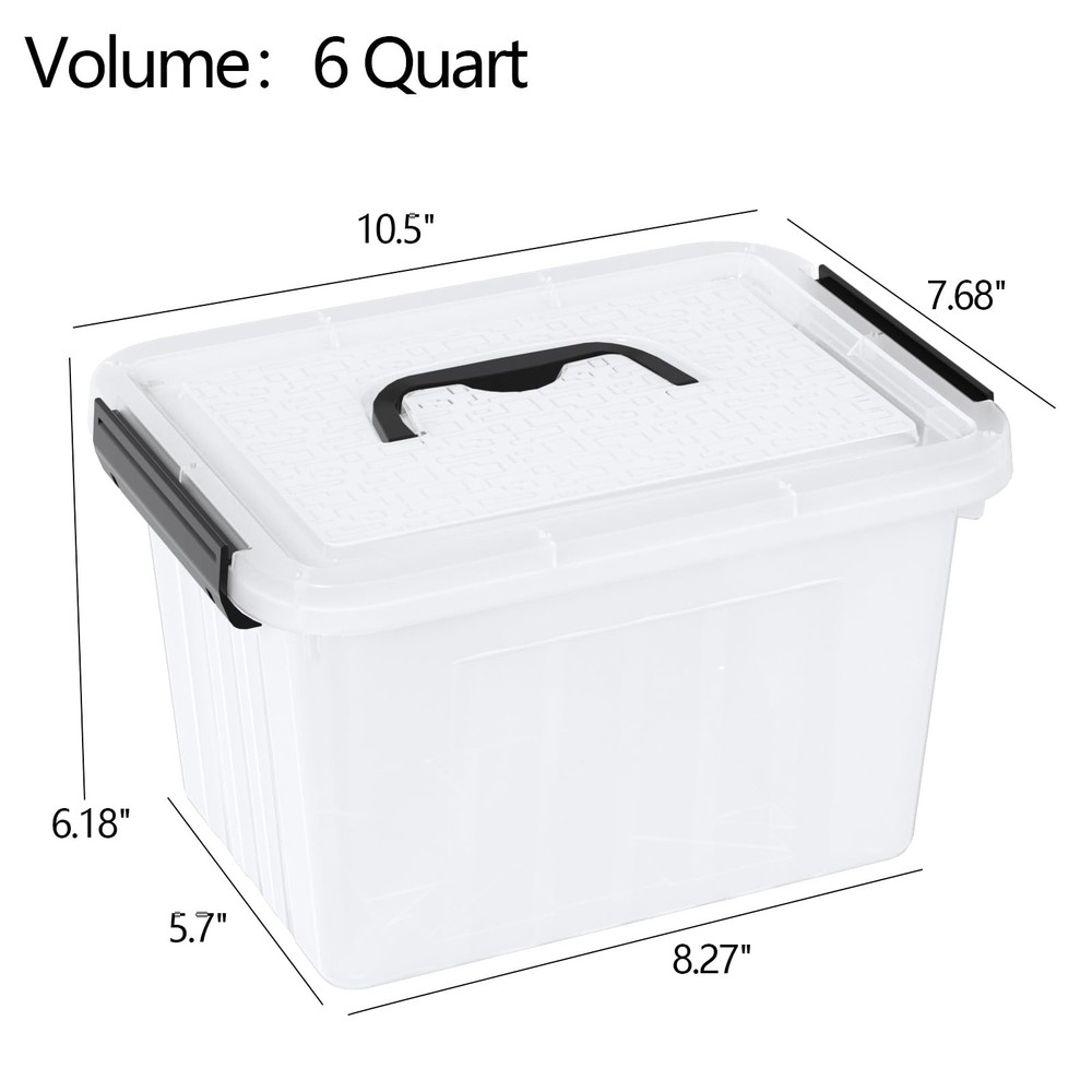 6 Quart Clear Small Storage Boxes with Handles, Plastic Storage Latching Bins...