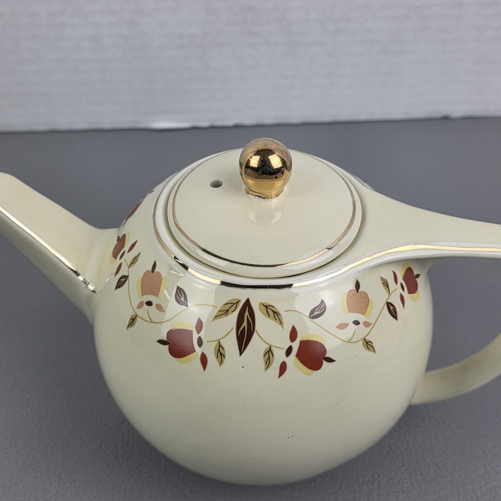 Vintage Cream Teapot with Gold Trim & Floral Pattern, Mid-Century Style