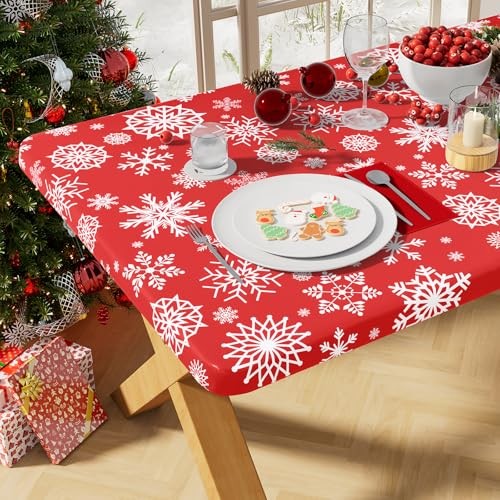 Rectangle Vinyl Tablecloth, Fitted 96" x 30" (Rectangular) Christmas Red