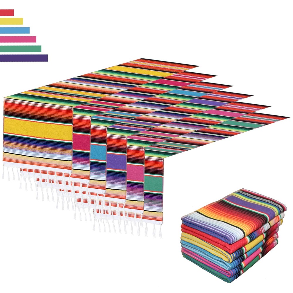 6 Pack Mexican Table Runners 14” x 84” Rainbow Colors Large Boho Mexican Them...
