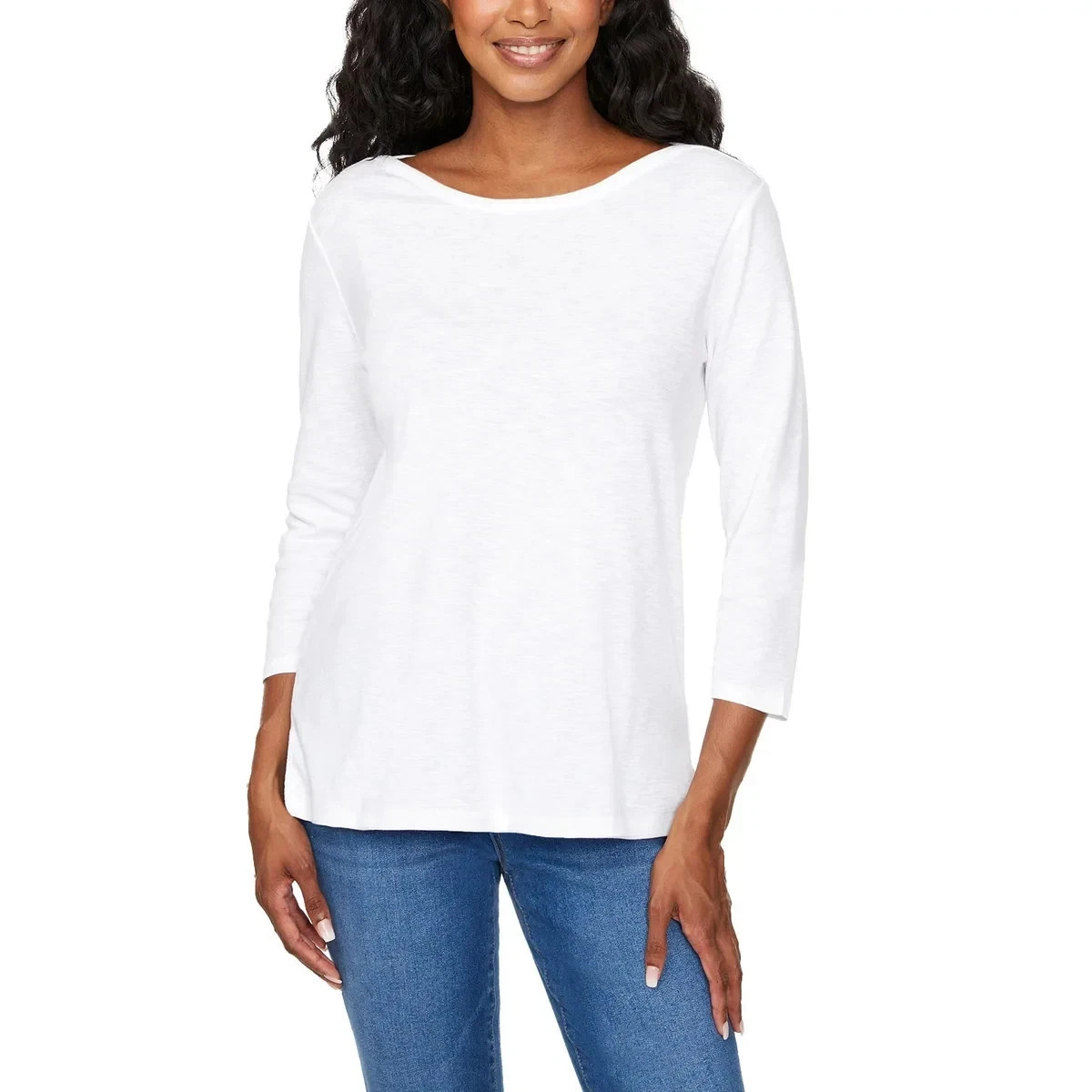 Kirkland Signature Women's 3/4 Sleeve Boatneck Slub Tee, White, Size L
