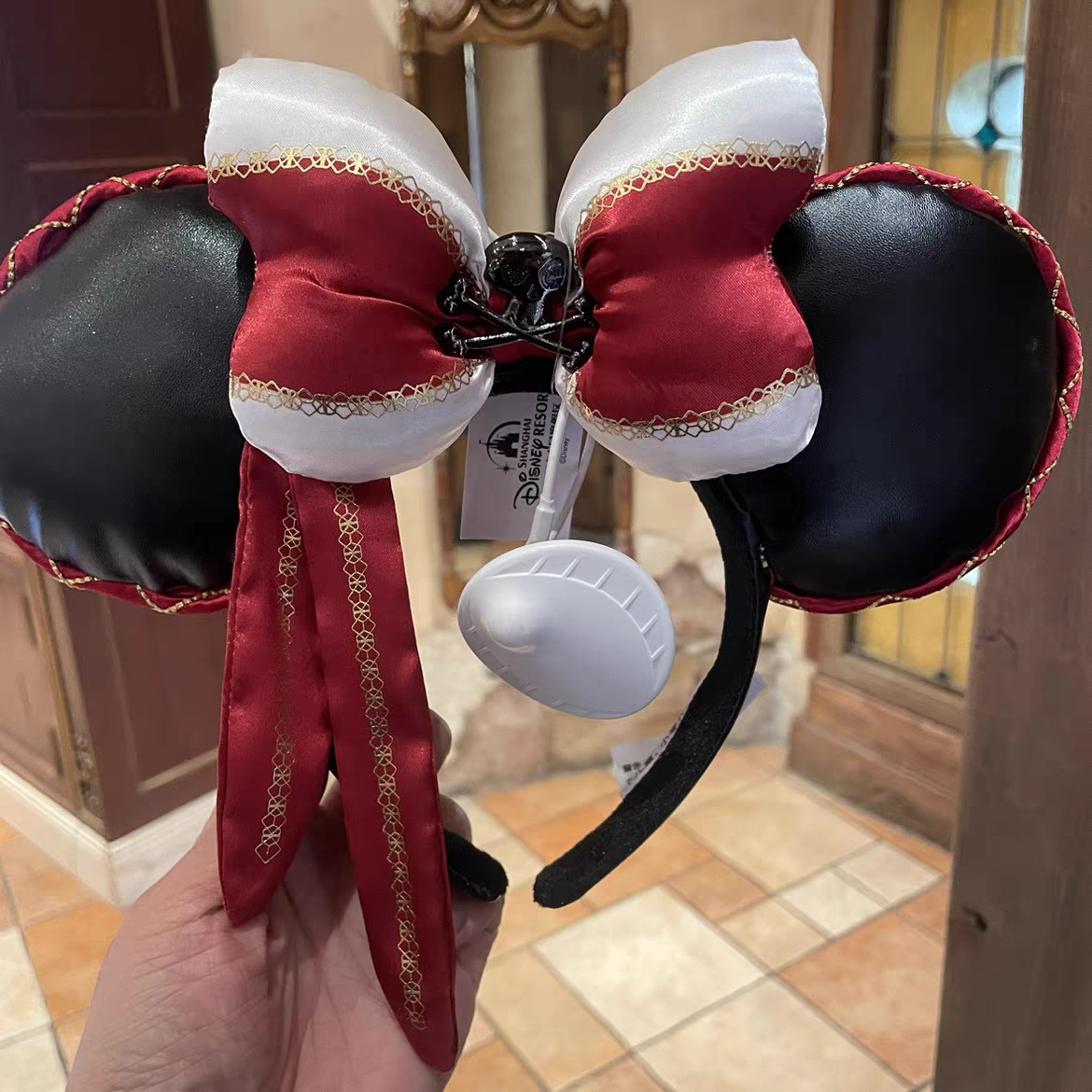 Authentic Disneyland Pirates of the Caribbean Red White Bow Minnie Ears Headband