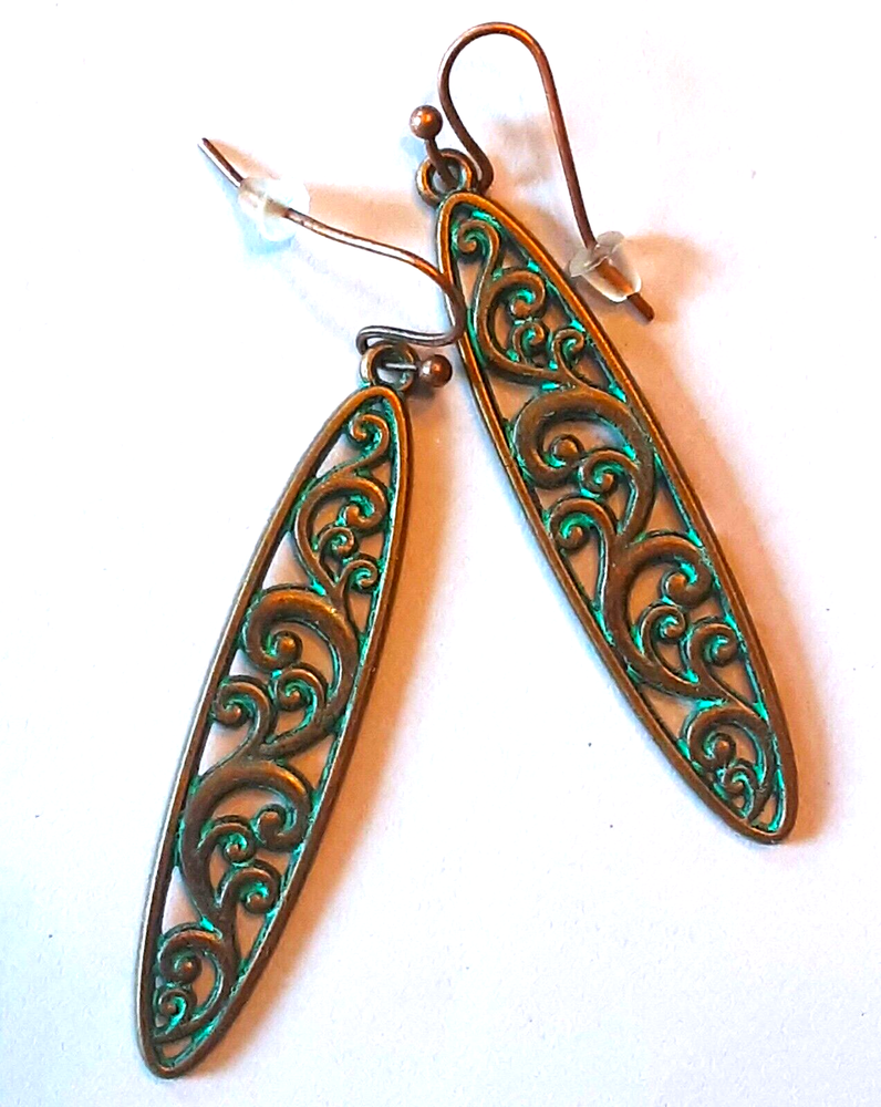 SCROLL SHAPE Age Copper long OVAL DROP earring copper FISH HOOK