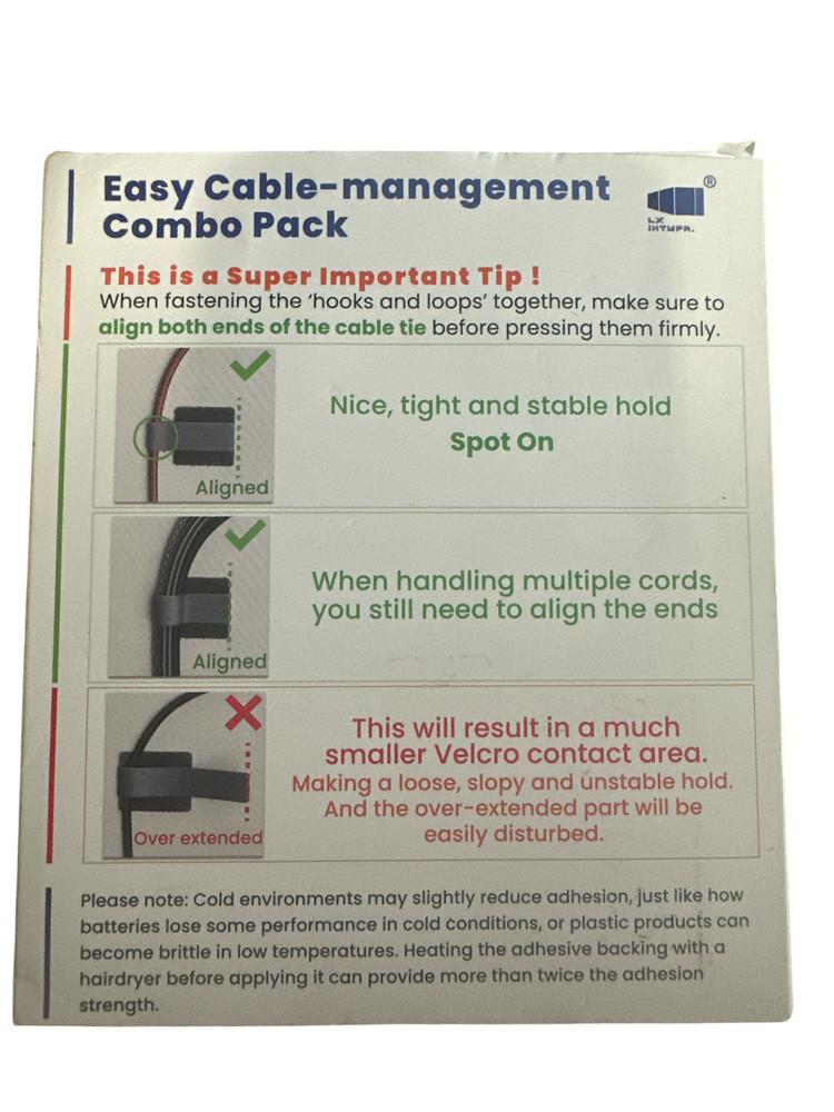 Easy Cable Management Combo Pack Self-Adhesive Hook and Loop Ties and Strips