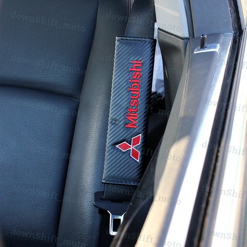set of Black Carbon Look Embroidery Seat Belt Cover Shoulder Pads for MITSUBISHI