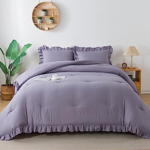 Grayish Lavender Comforter Set, 3 Pieces Solid Ruffle Bedding Queen Purple