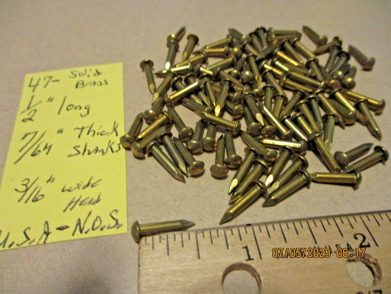 47--NICE VINTAGE 1/2" X #11, SOLID BRASS ESCUTCHEON PINS NAILS, ROUND DOME HEADS