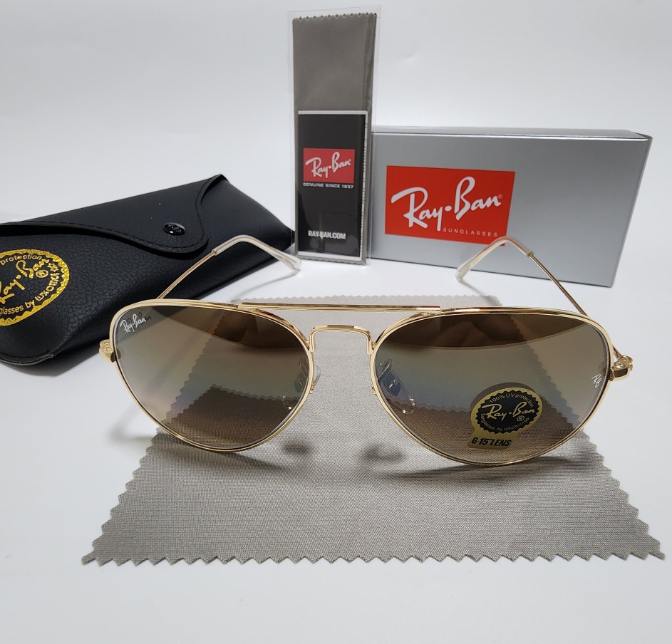 New Ray-Ban RB3025 Aviator Sunglasses Gold Frame Glass Gradient Brown Lens 58mm！