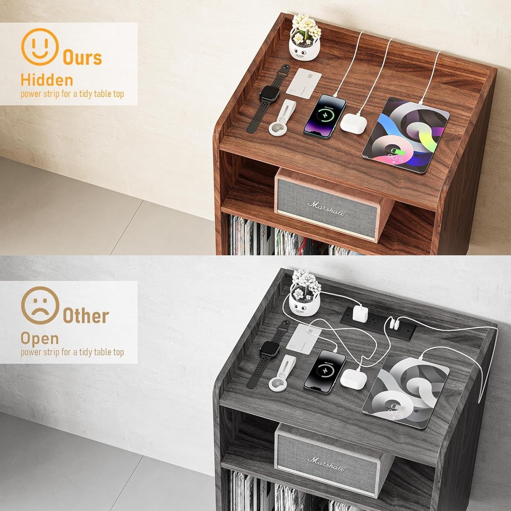Record Player Stand, Turntable Stand with Record Storage and Charging Station &