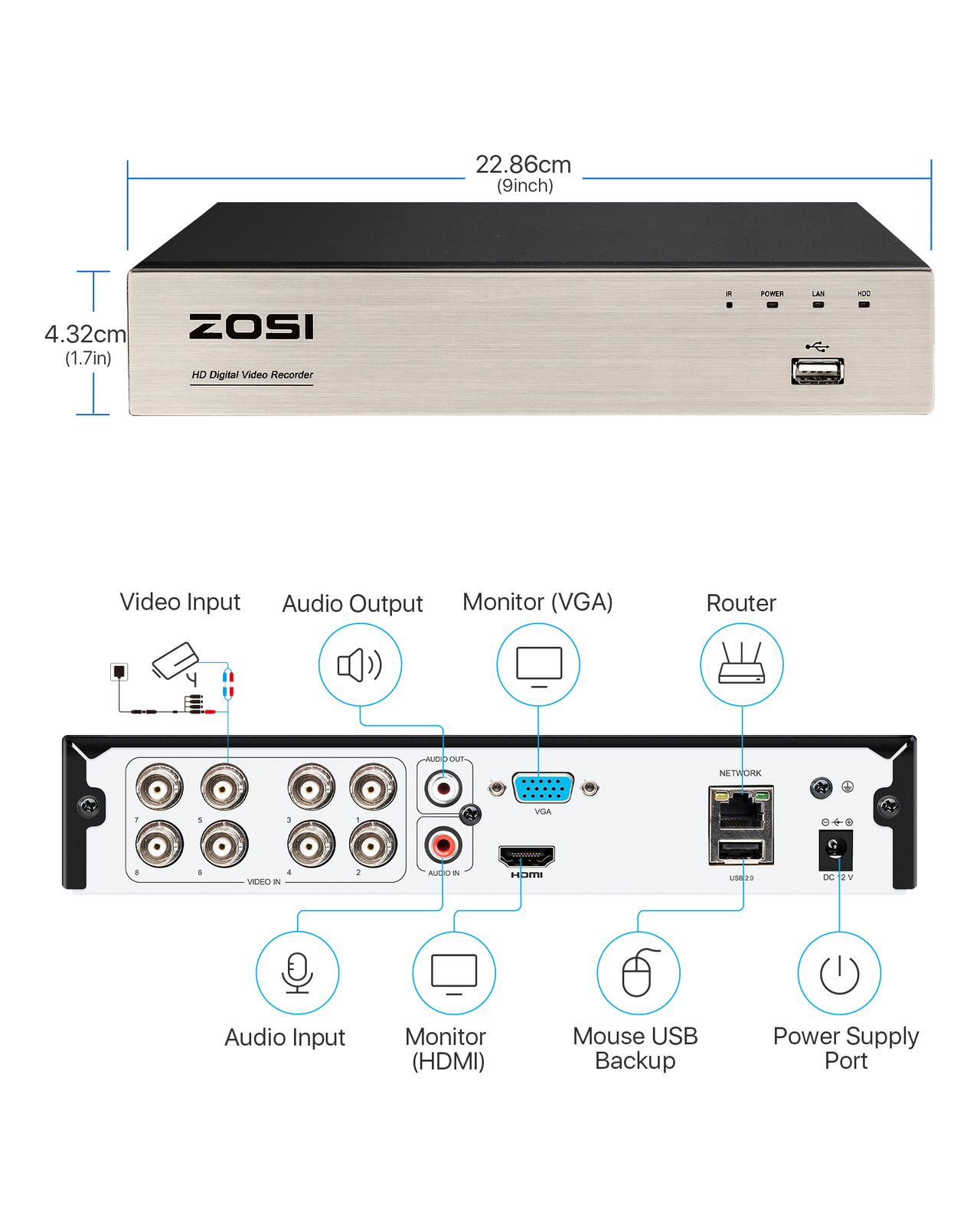 ZOSI H.265+8CH 5MP Lite DVR with 0TB/1T/2T Hard Drive for Security Camera System