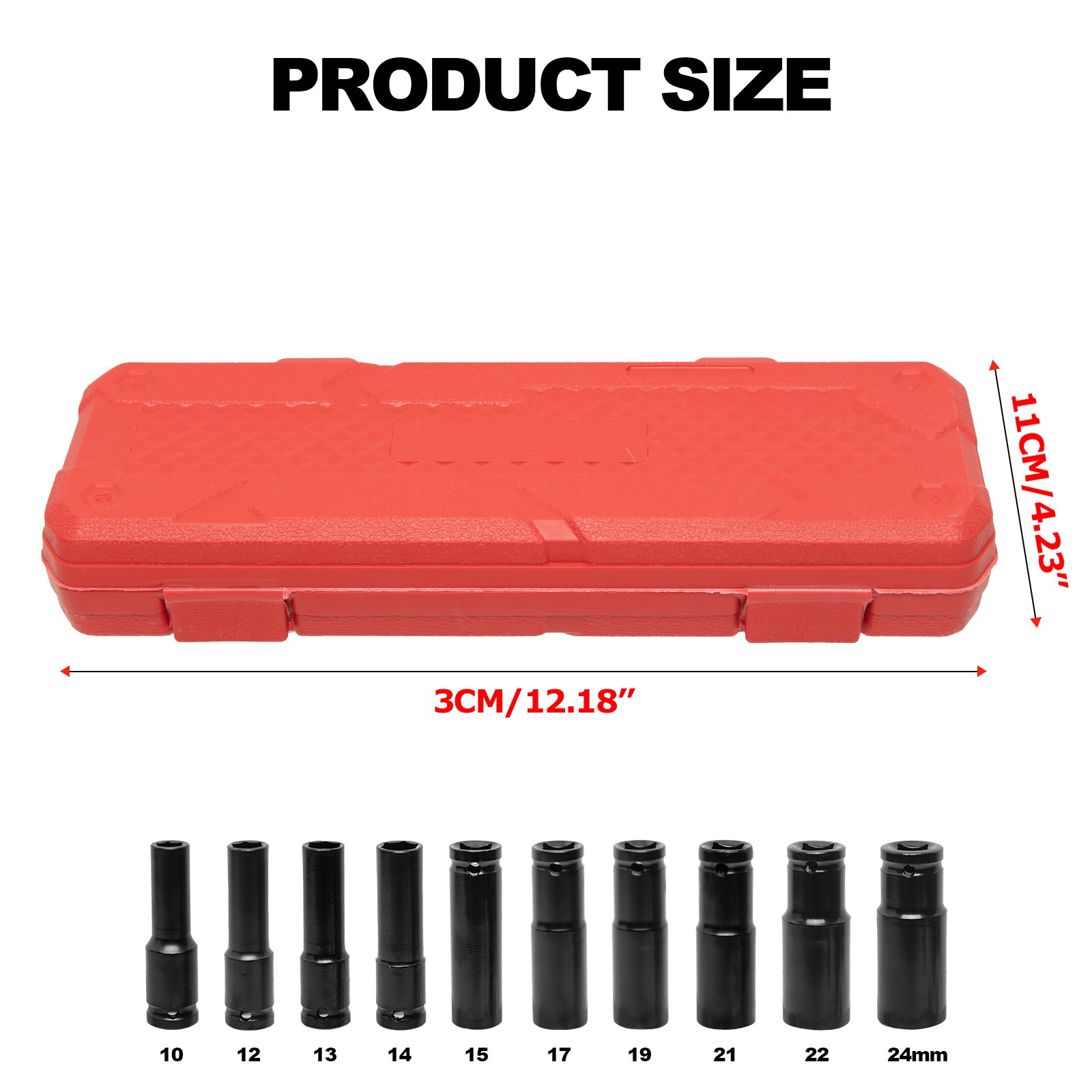 10pcs Metric Deep Impact Socket 1/2" Drive 10mm-24mm 6 Point Sockets w/ Case Set