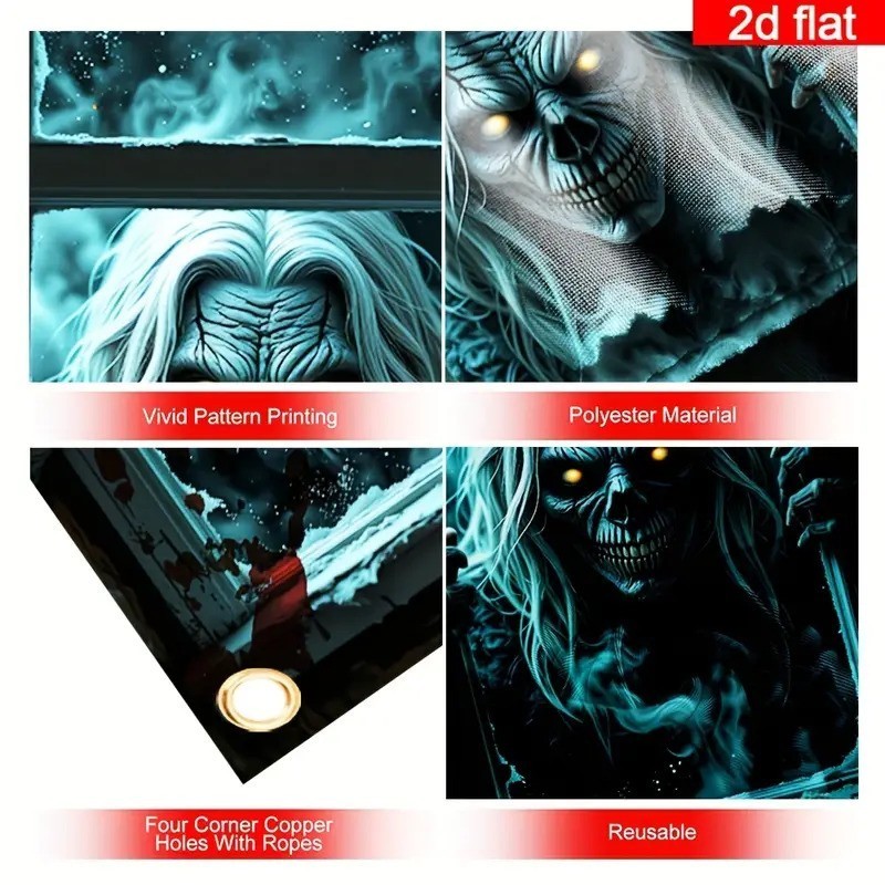 2D Flat Banner Polyester - Haunted Skeleton Window Climbing Spooky Night Scene