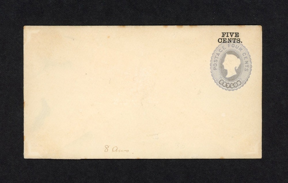 CEYLON ENVELOPE c1890 FIVE CENTS ON 4c. DAMAGED BACK