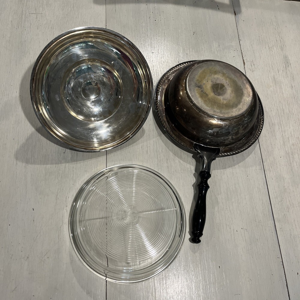 Silverplate Covered Serving Dish 3 Pc.~Pyrex Vintage Wood Handle~EUC~RARE￼