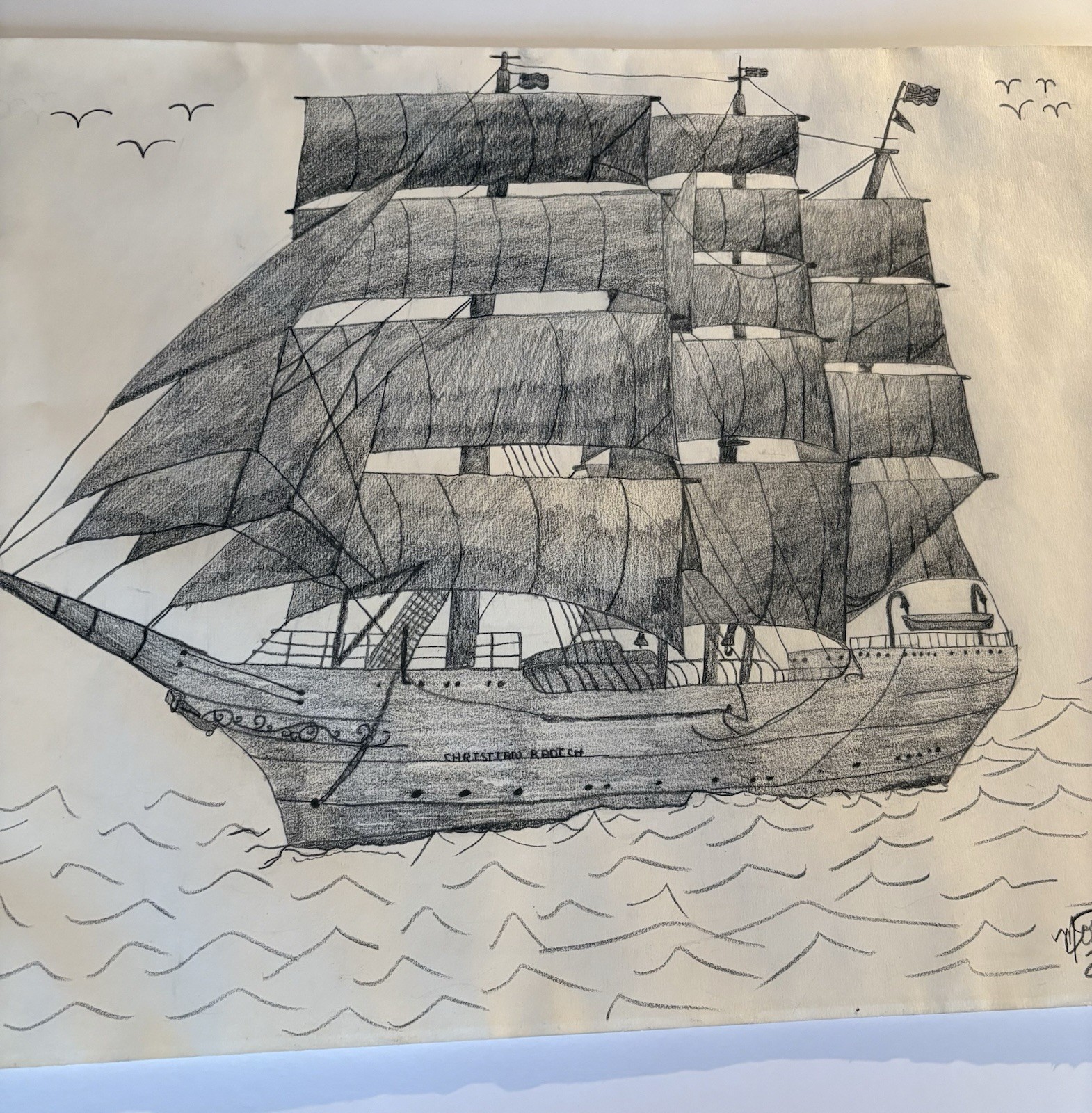 Pencil Drawing Norwegian Full Rigged Tall Sailing Ship Christian Radich Signed