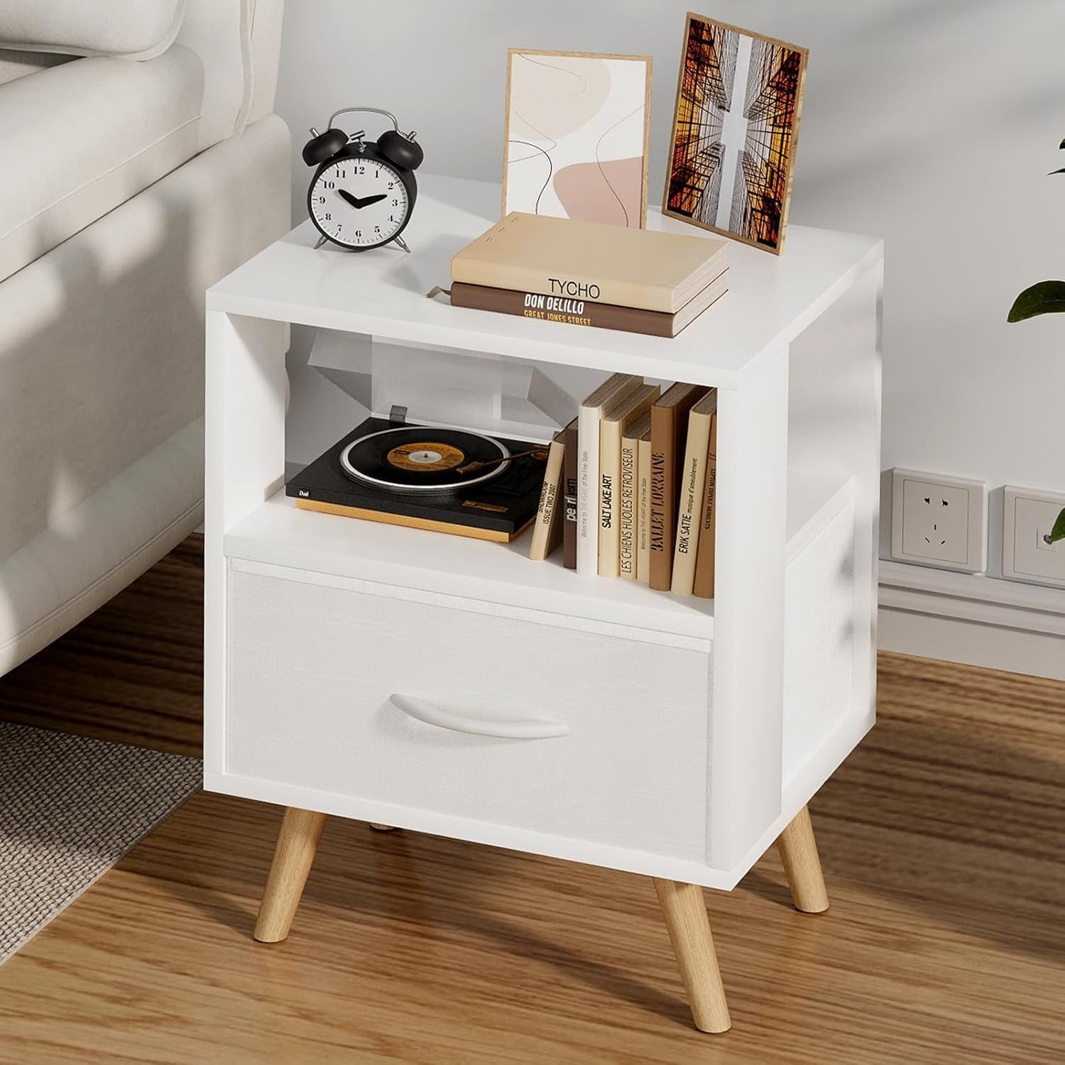 Night Stand White Kids Nightstand W/ Drawer Nursery Side Table W/ Open Storage