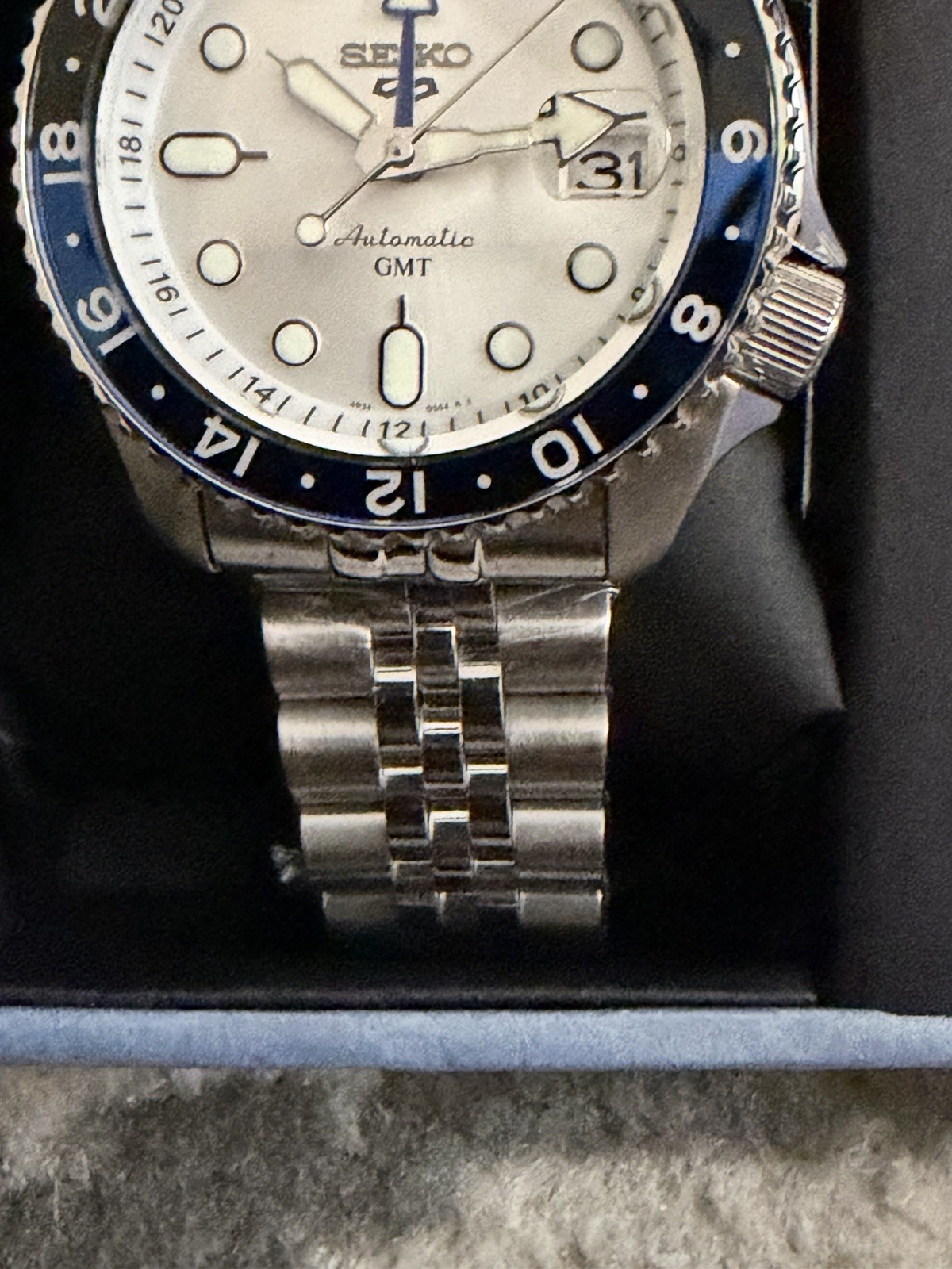 Seiko 5 Sports GMT Automatic Blue Men's Watch White Dial Full Set - SSK003