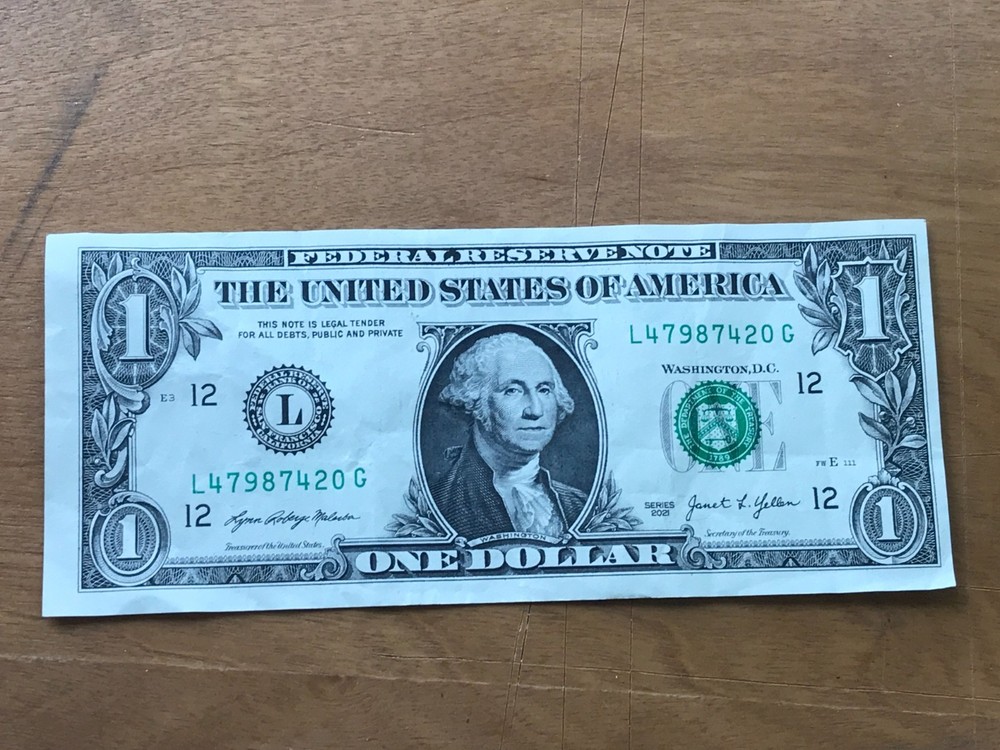 Miscut 2021 Washington One Dollar Bill Error Note - Misaligned Print $1 Currency