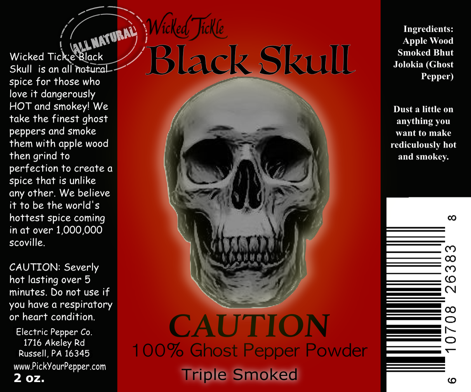 Smoked Ghost Pepper Powder Hot Spice Wicked Tickle Black Skull Chili Seasoning