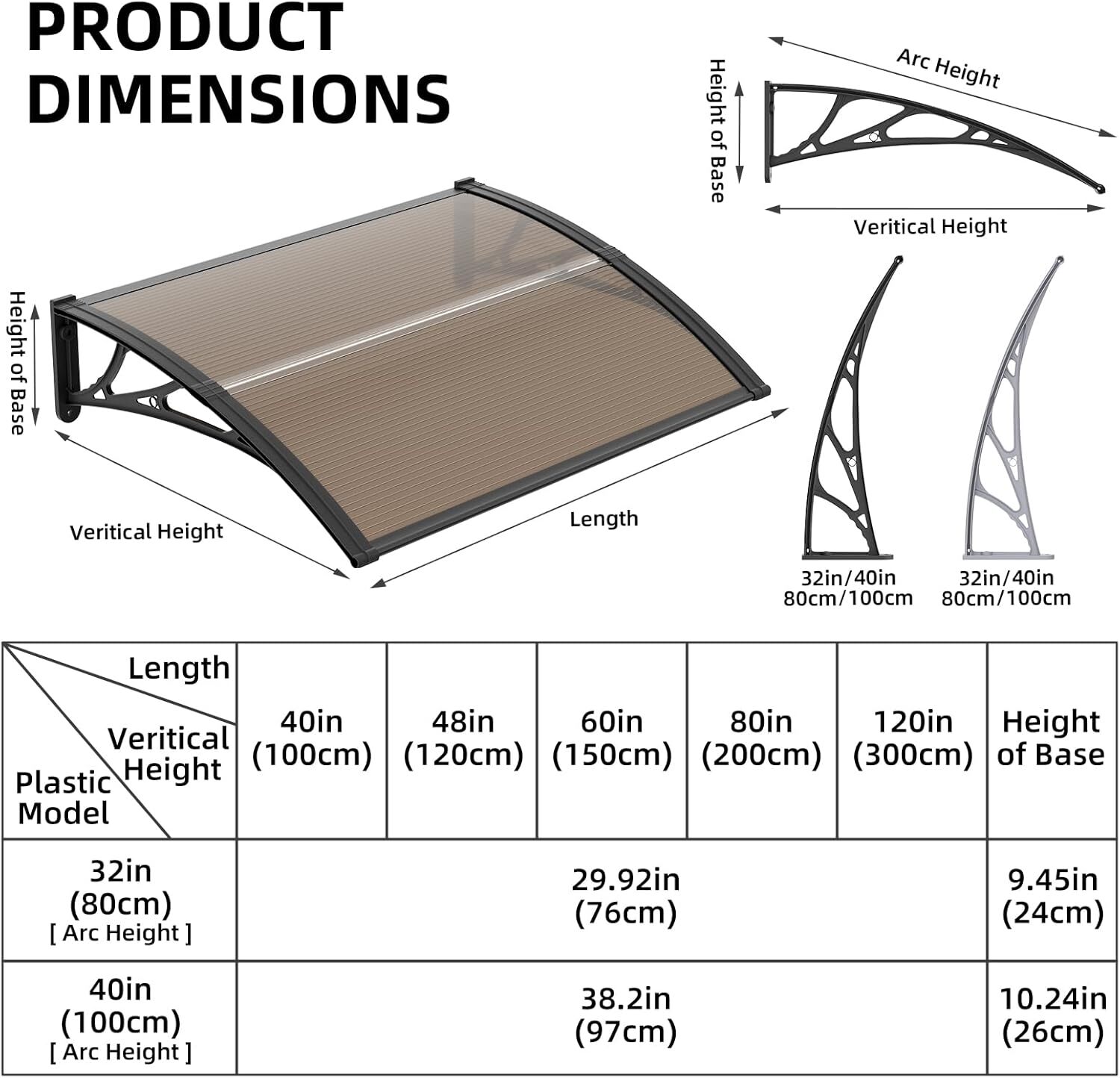 32/40/48/60/80" Window Awning Front Door Eaves Canopy Polycarbonate Roof Cover