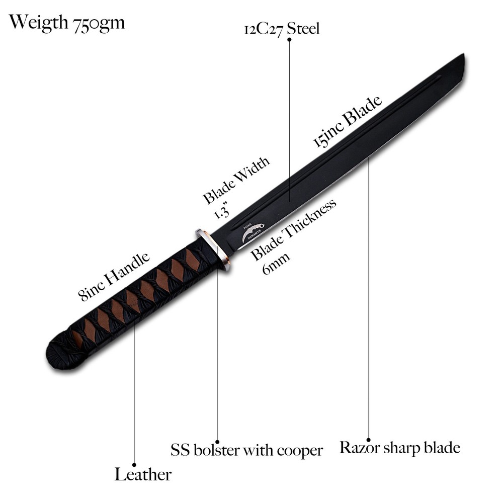 Handmade 15" Short Katana Sword with Sheath- Sharp Blade Leather Handle