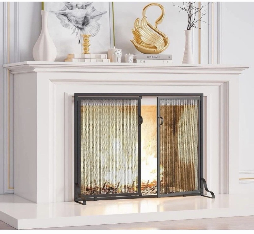 37.8X30.7 in Flat Fireplace Screen with Doors, 2-Pannel Handcrafted Solid Wrough
