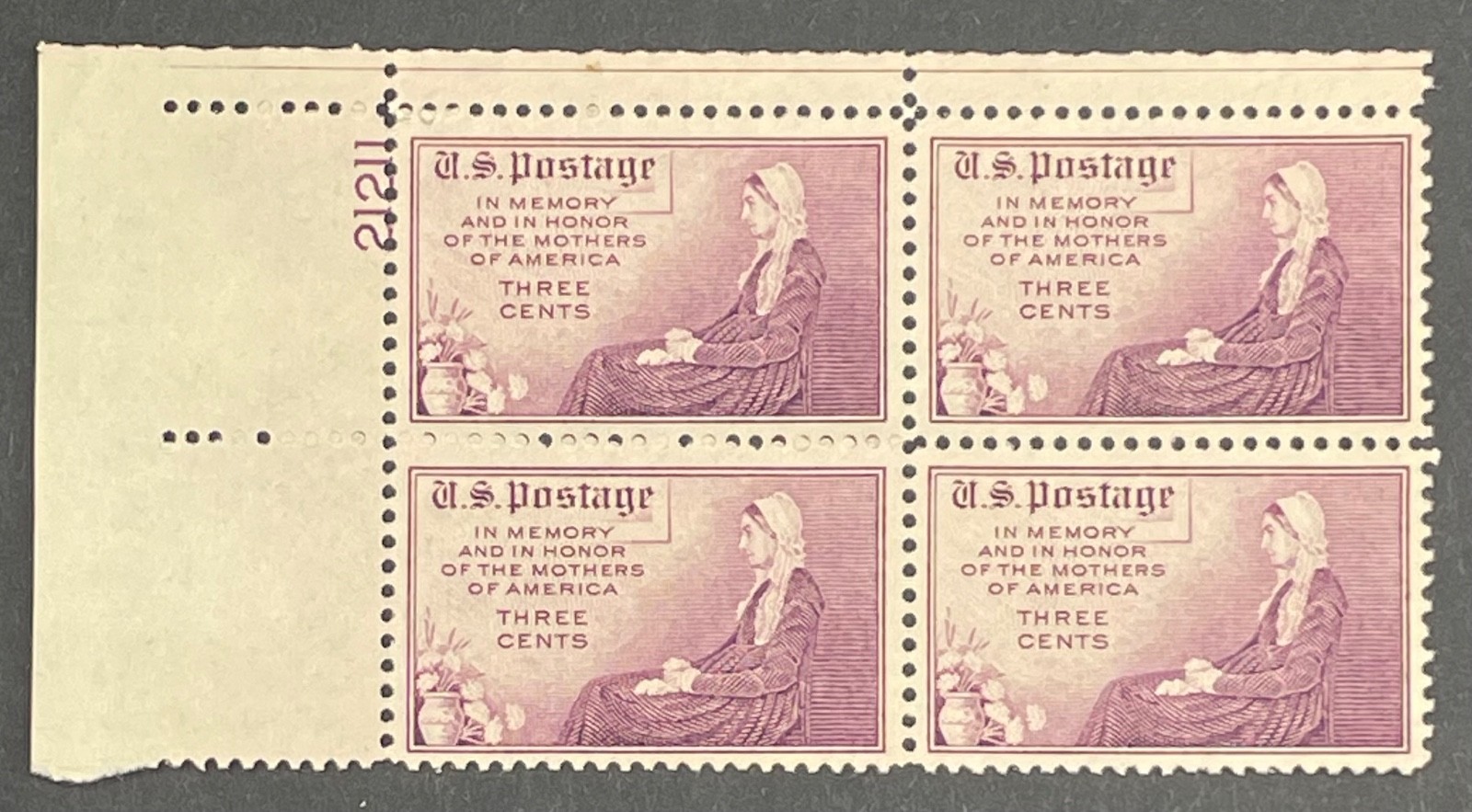 US 737 3c Mothers of America unused plate block of four never hinged 1934