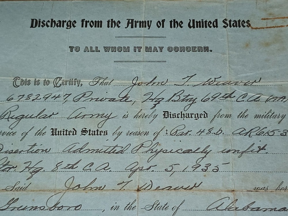 Interwar US Army Discharge Document for John Weaver Dated 1935