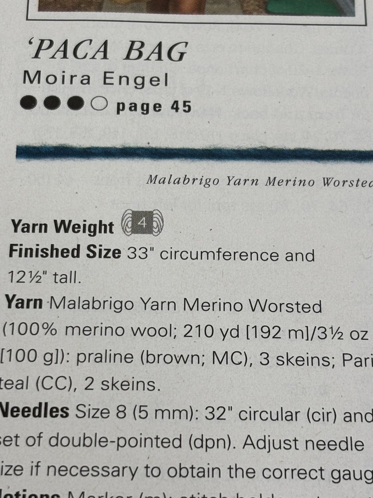 Paca Bag Knitting Pattern 33" Circumference Magazine Pages