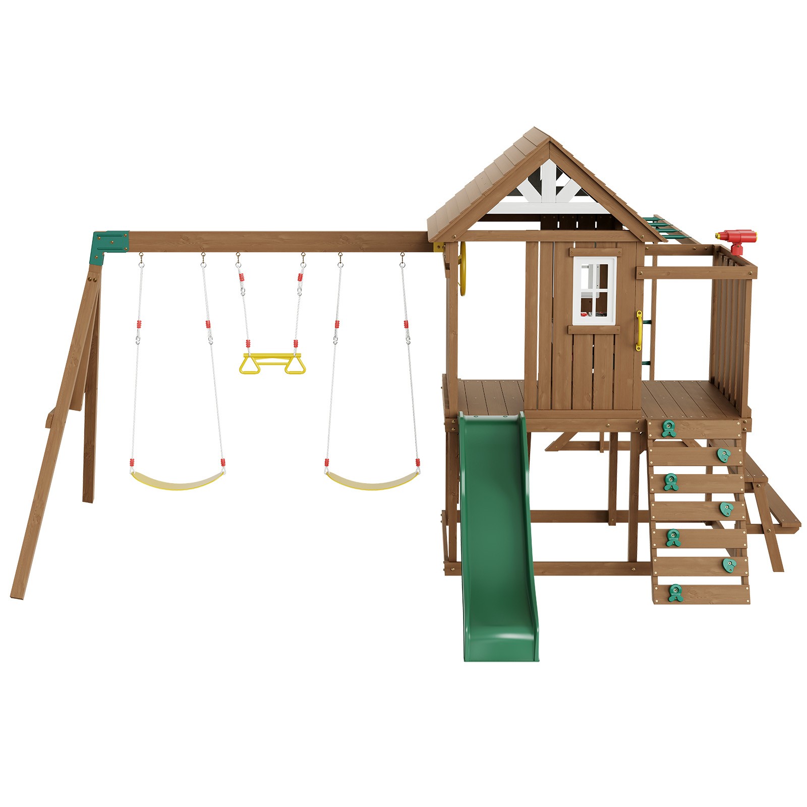Wooden Swing Set 10 IN 1 Outdoor Playground Sets 6 FT Slide Upper Fort