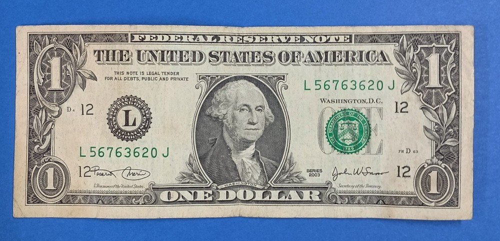 L56763630J $ Misaligned Misprint Overprint Shift Error Note One Dollar Bill 2003