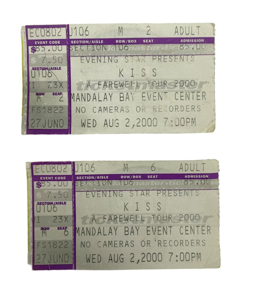 Two KISS Band Ticket Stub  Farewell Tour  At  Mandalay Bay Las Vegas 08/02/2000