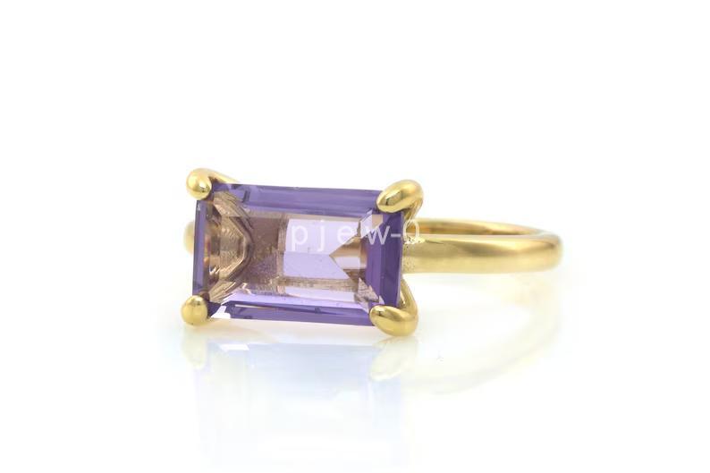 Purple Amethyst ring, Emerald Cut Silver Ring, Gemstone Ring Stackable Ring V5