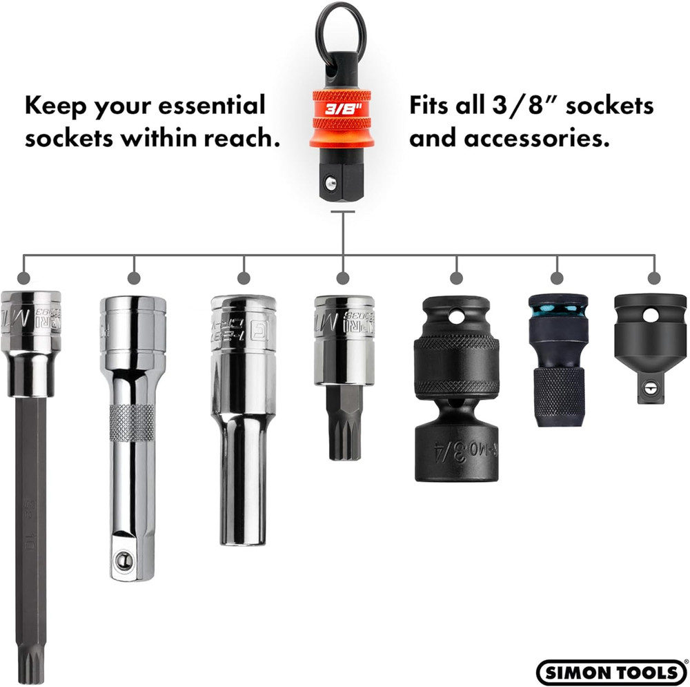 Socket Holder Keychain 3pc - 3/8 Socket Organizer with Quick Release and Clip -
