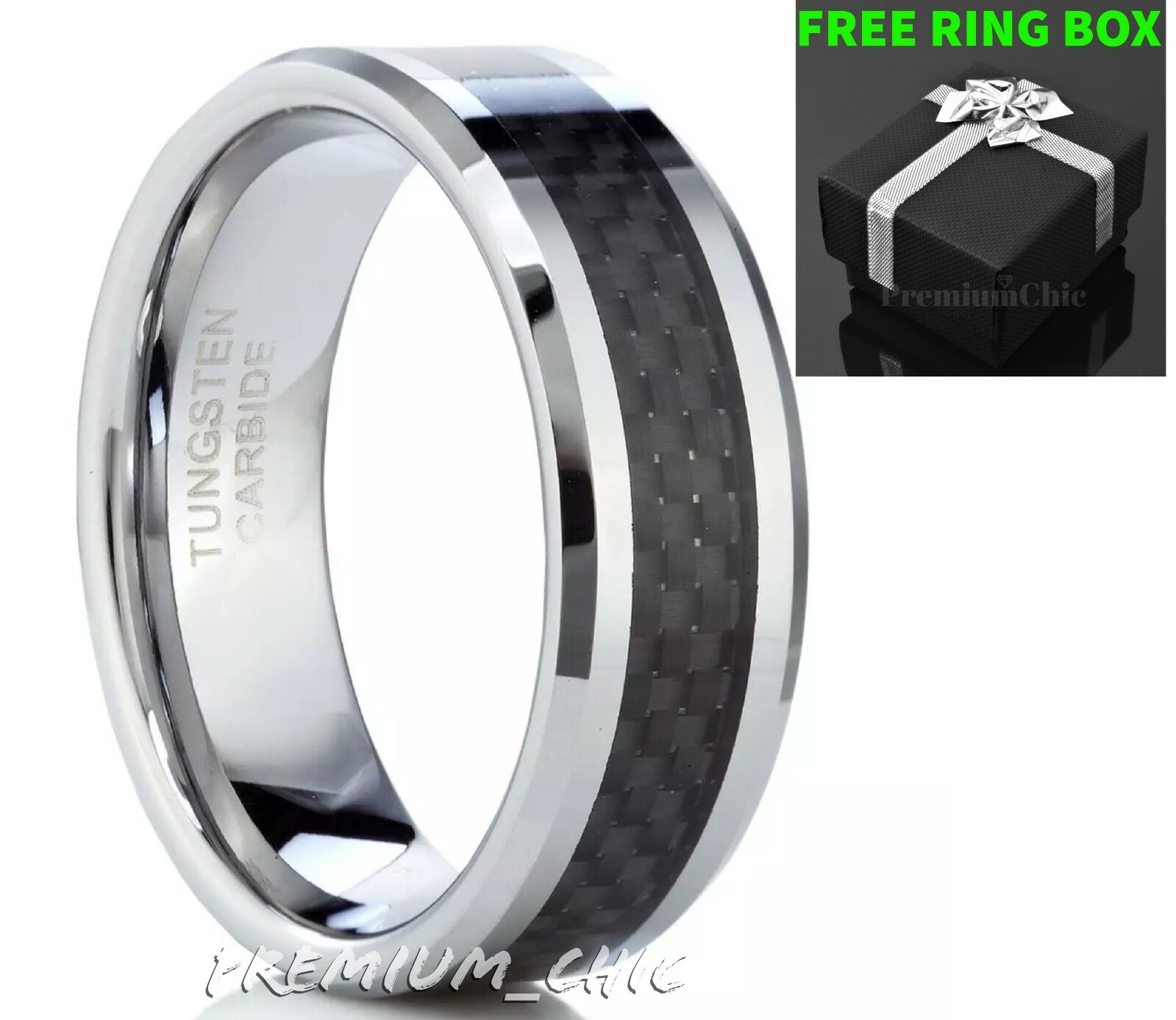 Tungsten Carbide Wedding Band Men's Engagement Ring Black Carbon Fiber Silver