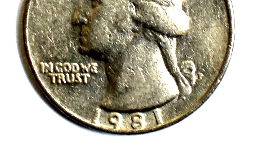 1981 P Quarter Filled Mint Mark Filled Lettering, Die Clash, DD Multi Error