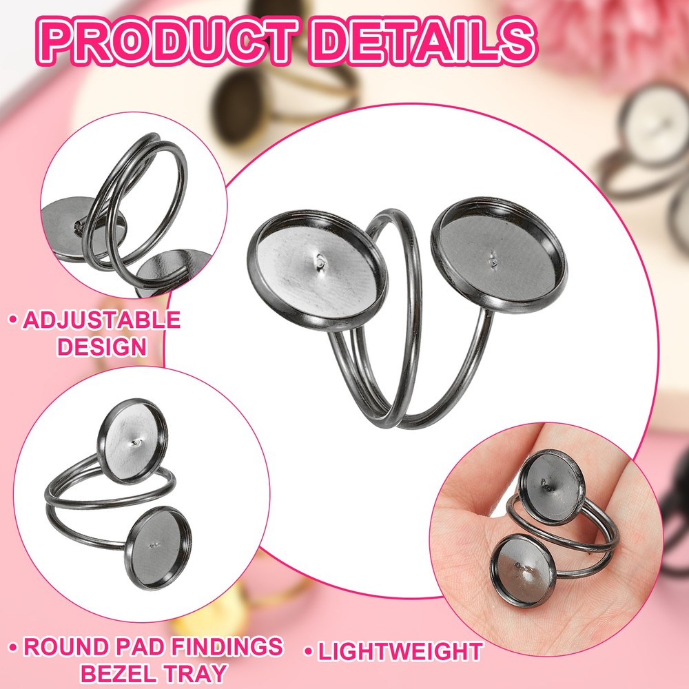 Ring Blank, 10 Pcs Adjustable Finger Ring Blank Base 12mm, Silver Black