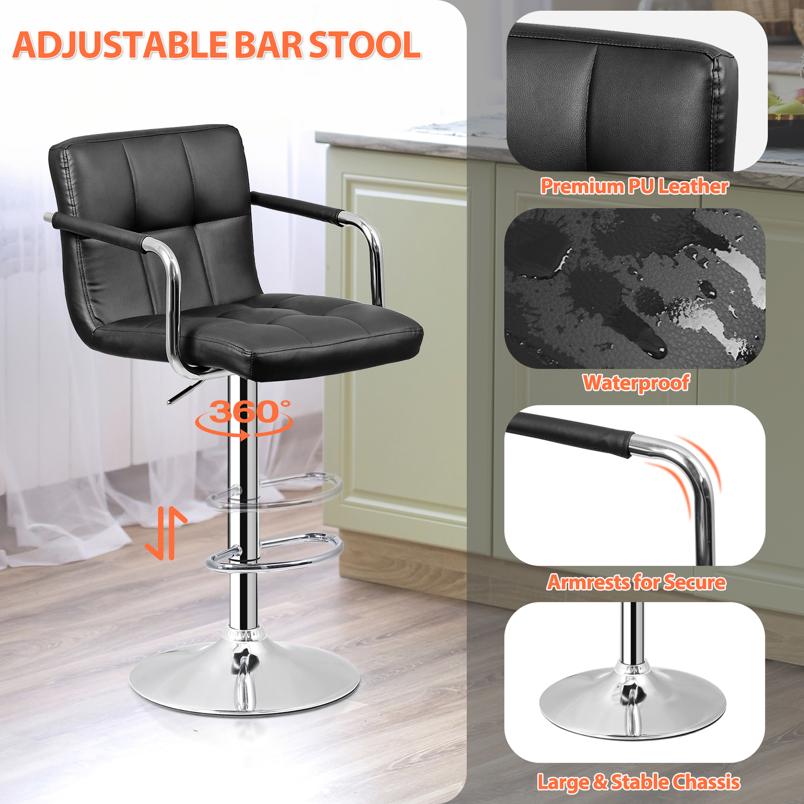 4PCS Adjustable Bar Stools PU Leather Modern Dinning Chair w/ Armrest & Backrest