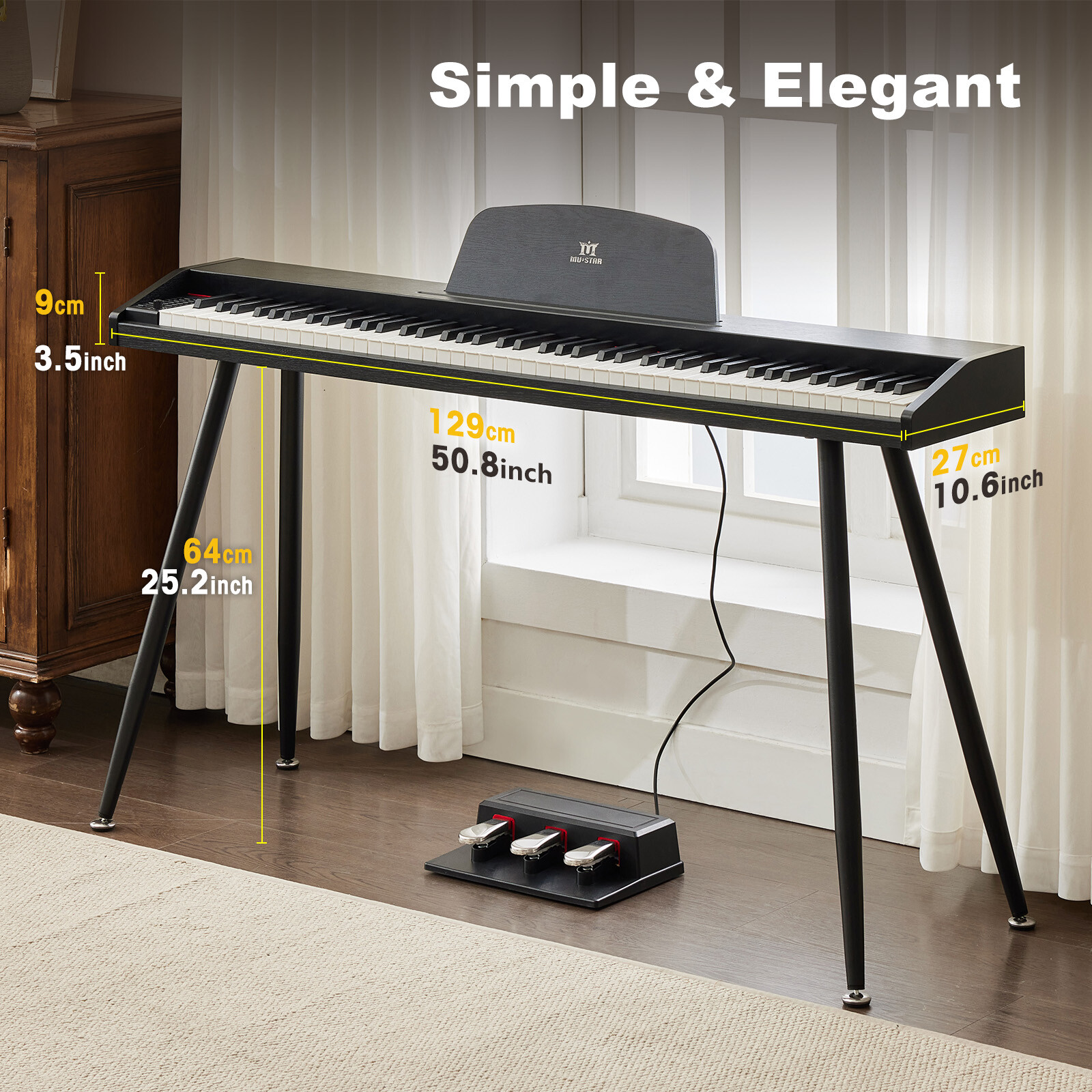 Black/White/Brown 88 Keys Semi Weighted Digital Piano Keyboard 3-Pedal USB/MIDI