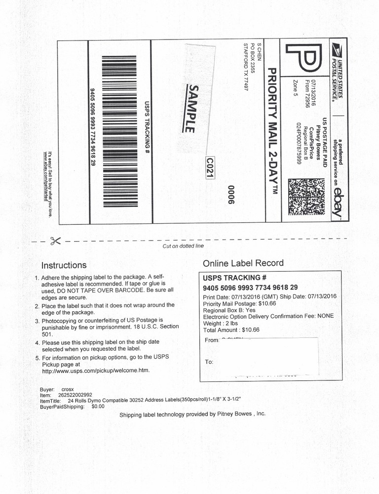 100pcs Half Sheet Shipping Labels w/receipt