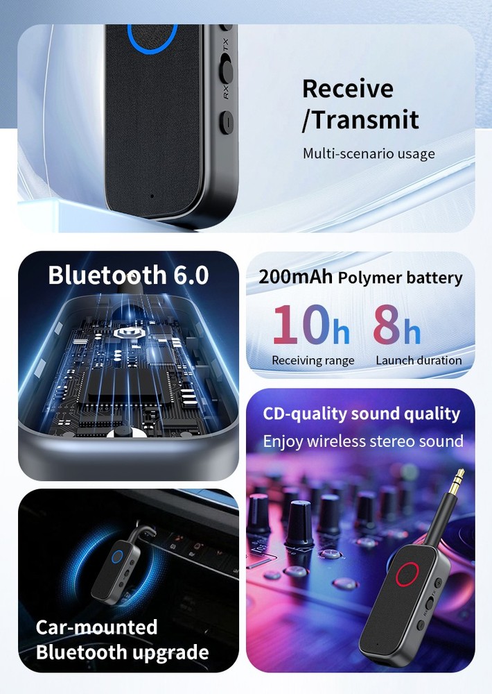 Bluetooth-Compatible 6.0 2-In-1 Transmitter/Receiver 3.5MM AUX Car Audio Player