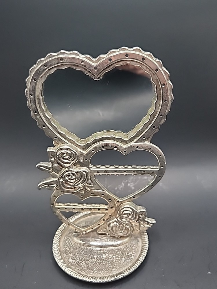 Vintage Silverplated Triple Heart Mirrored Earring Holder  6" X 3.75"