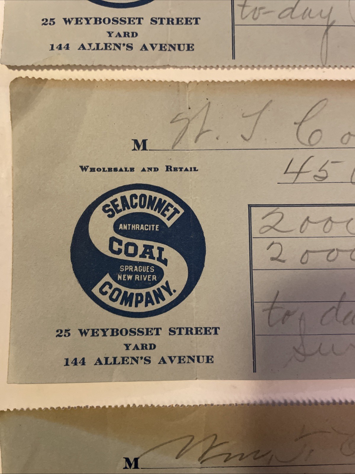 (3) 1911 Seaconnet Coal Co Providence Rhode Island Receipts 144 Allen’s Avenue