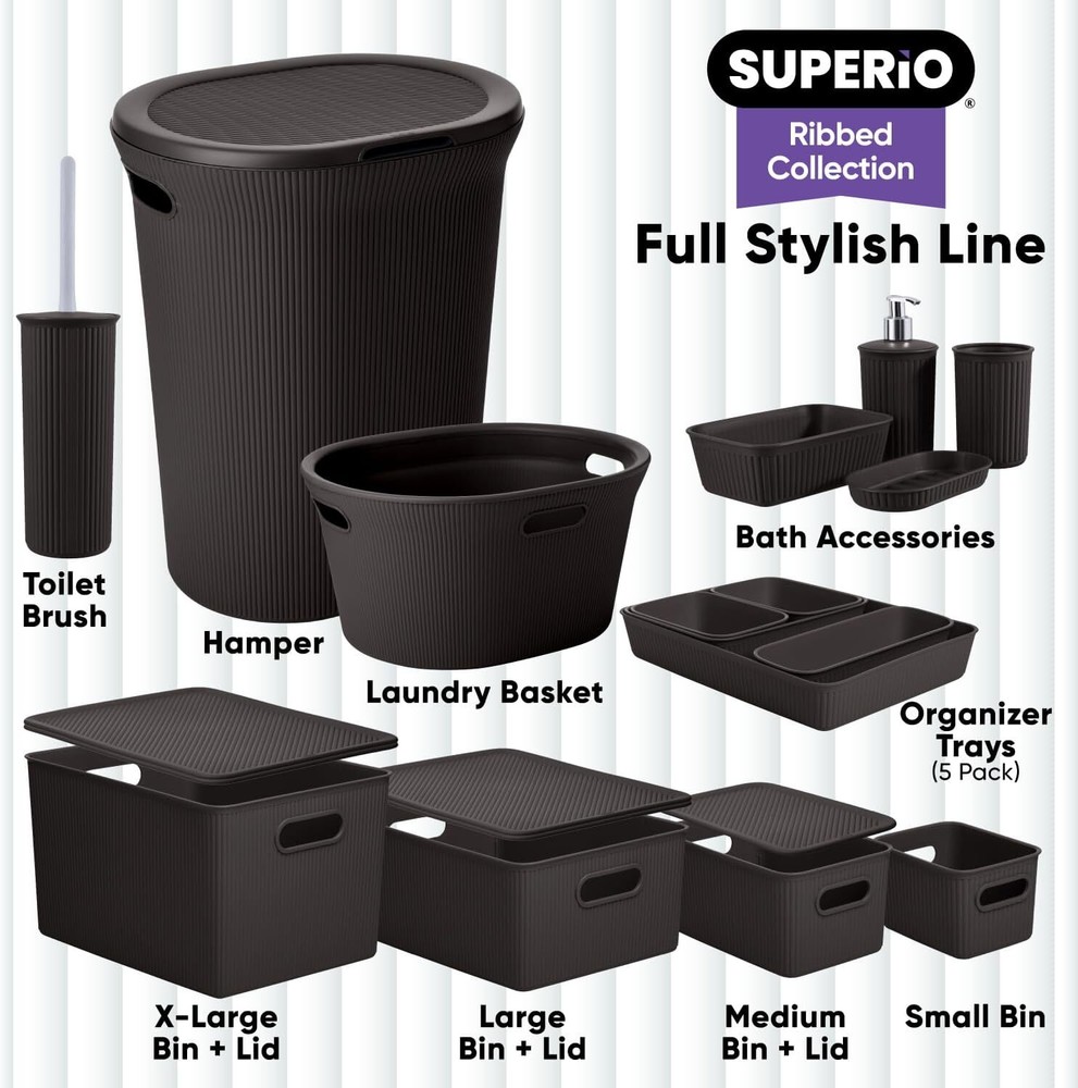 Decorative Storage Bin, Medium Brown Ribbed Plastic Storage Basket (15 Liter)