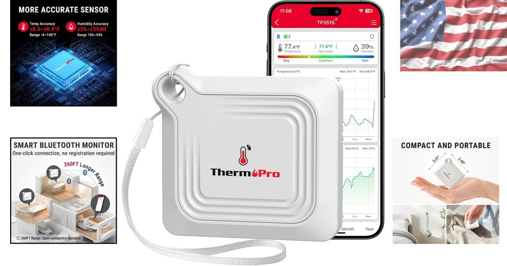 Bluetooth Thermometer Hygrometer with 260FT Range & 2- Data Logging