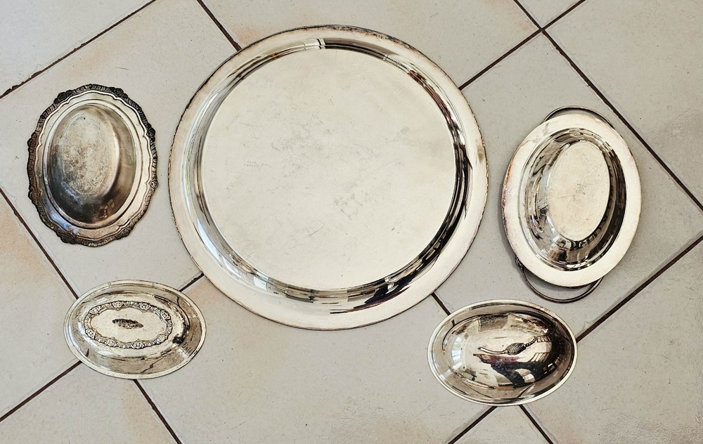 Silverplate Lot 7 Pieces Trays Covered Dishes Assorted Serving Pieces +10 lbs