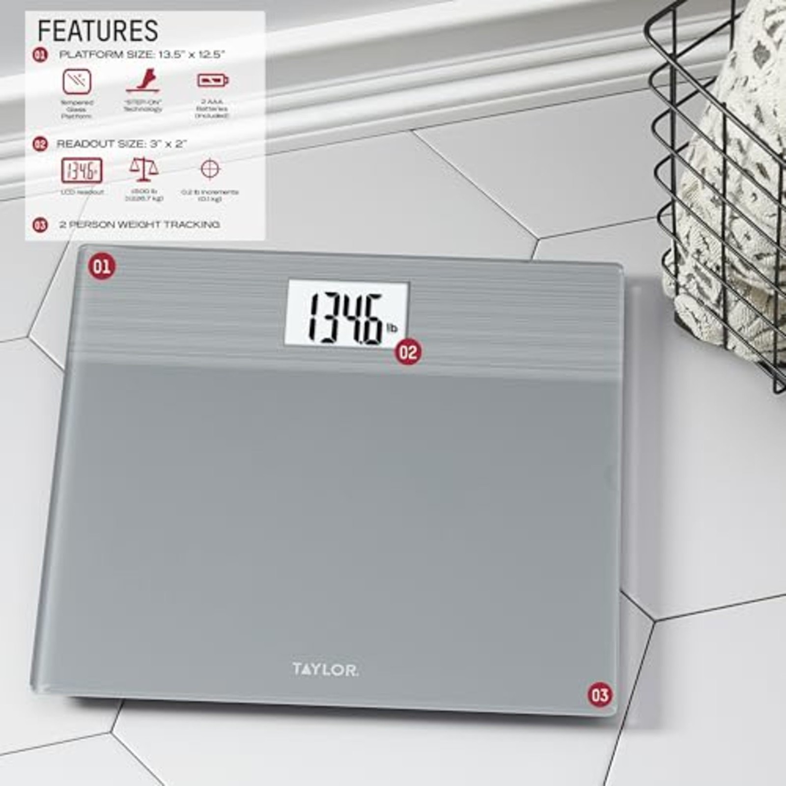 Taylor Digital Bathroom Scale – Stainless Steel Gray Platform , 500 lb Capacity