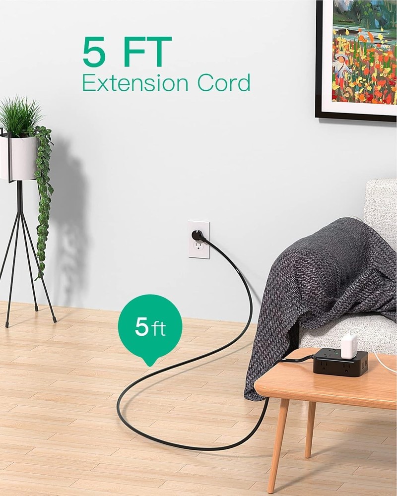 Power Strip Surge Protector 8 Outlets 4 USB Flat Plug 5Ft Cord